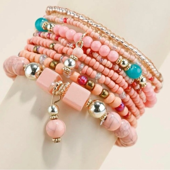 8 piece Beaded Bohemian Bracelet in Coral, Turquoise, Pink, and Gold - Picture 2 of 4